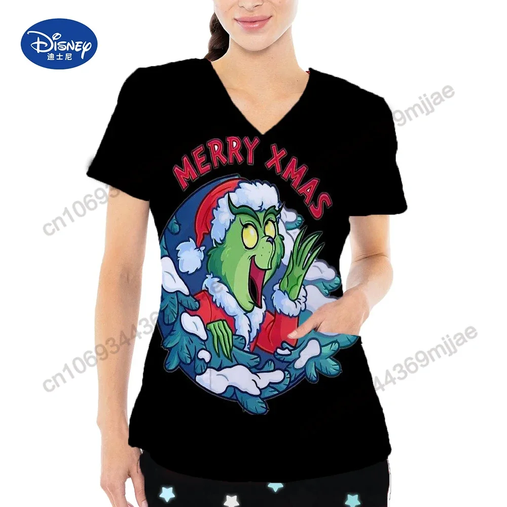 Disney Women's Comfortable T-shirt Pocket Women's Shirt 2024V Collar Cartoon Nurse T-shirt Women's Casual Y2k Women's T-shirt