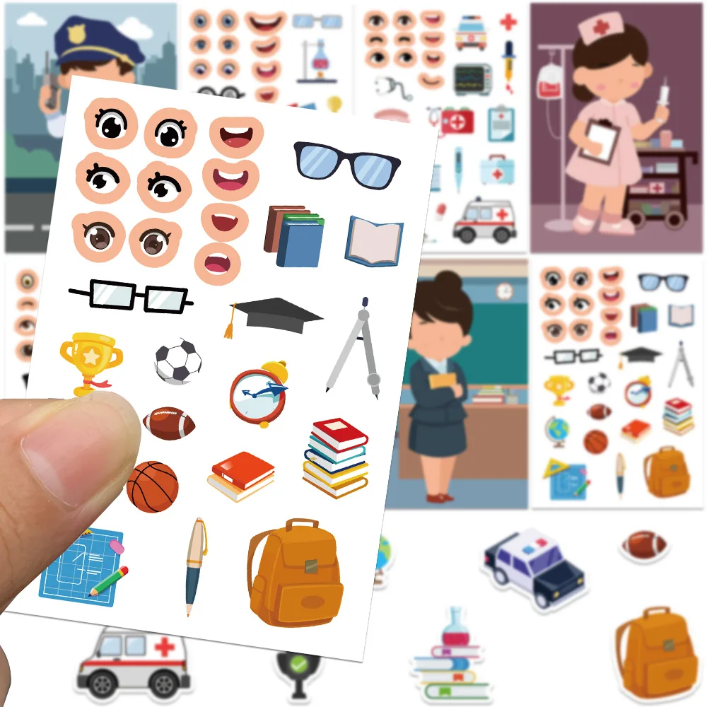 8/16/32Sheets Professional Teacher Nurse Policeman DIY Make A Face Puzzle Stickers Dress Up Game Face Funny Assemble Stickers