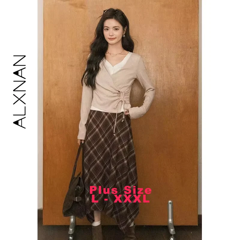 

ALXNAN Plus Size Women's T-shirt Asymmetric Design Drawstring Tie Detail Long Sleeve Tees Fall V-neck False Two-Piece Top D12715