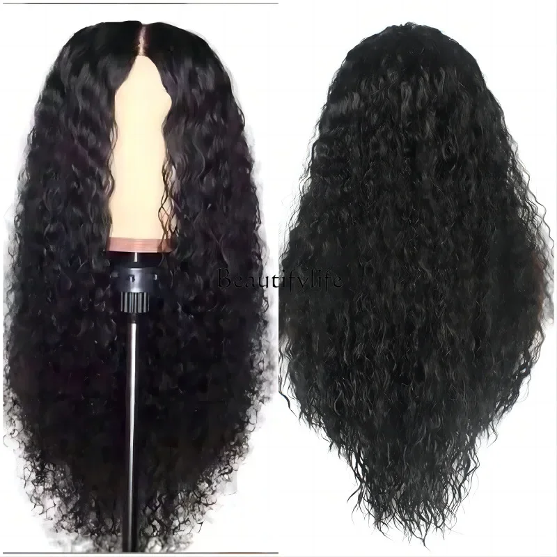 Stylish black small curly hair water ripple corn perm medium bangs whole headgear