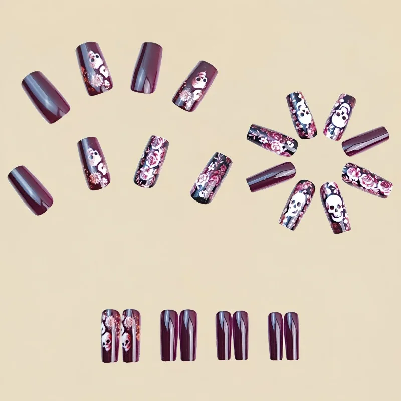 24 Pcs Halloween Nail Tips Medium Short Square False Nails with Glue Skull Plant Flower Nail Art Press on Nails with Sticky Tabs