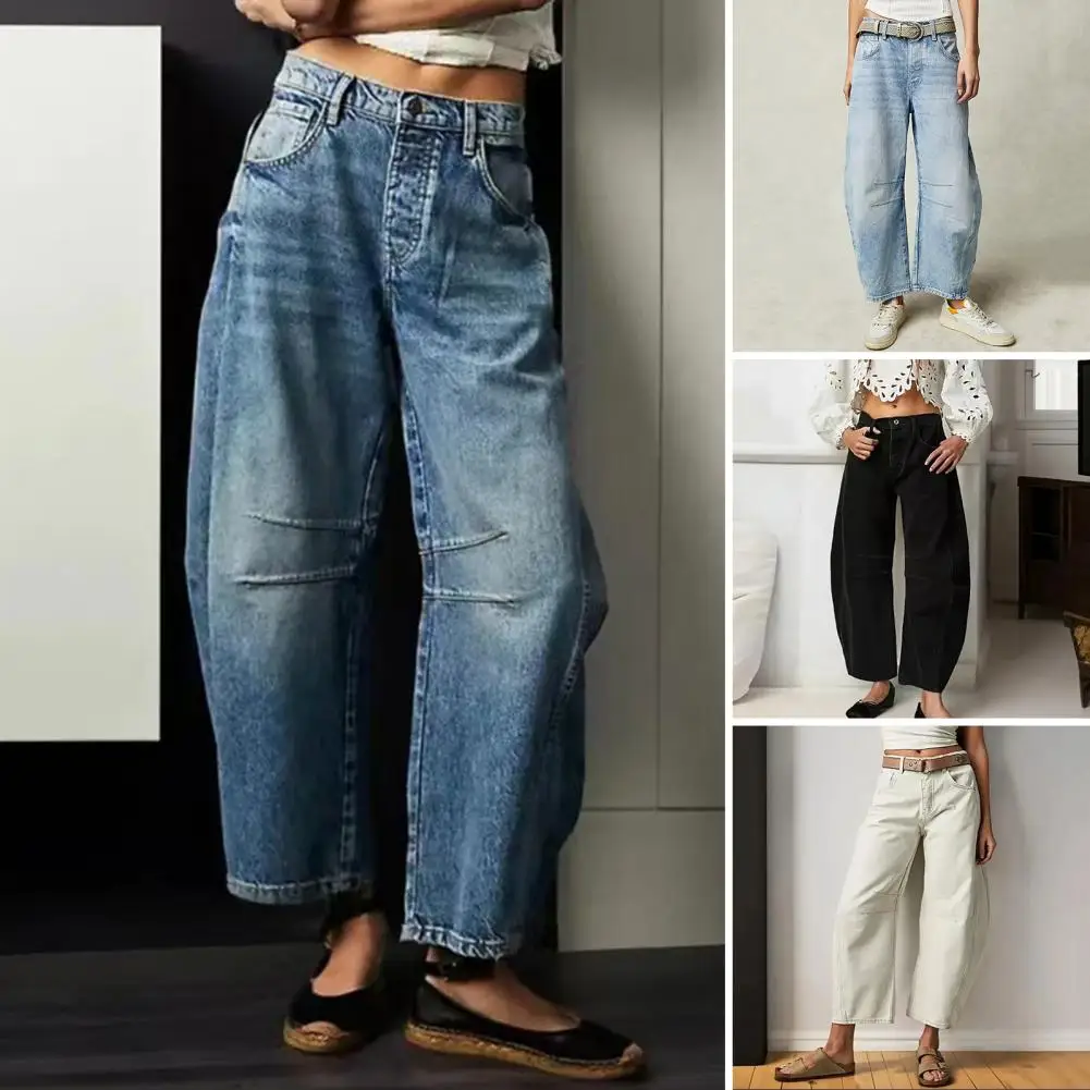 Women Denim Trousers Retro Wide Leg Women's Jeans with Hip Hop Pockets Zipper Closure Stylish Streetwear Denim Trousers for A