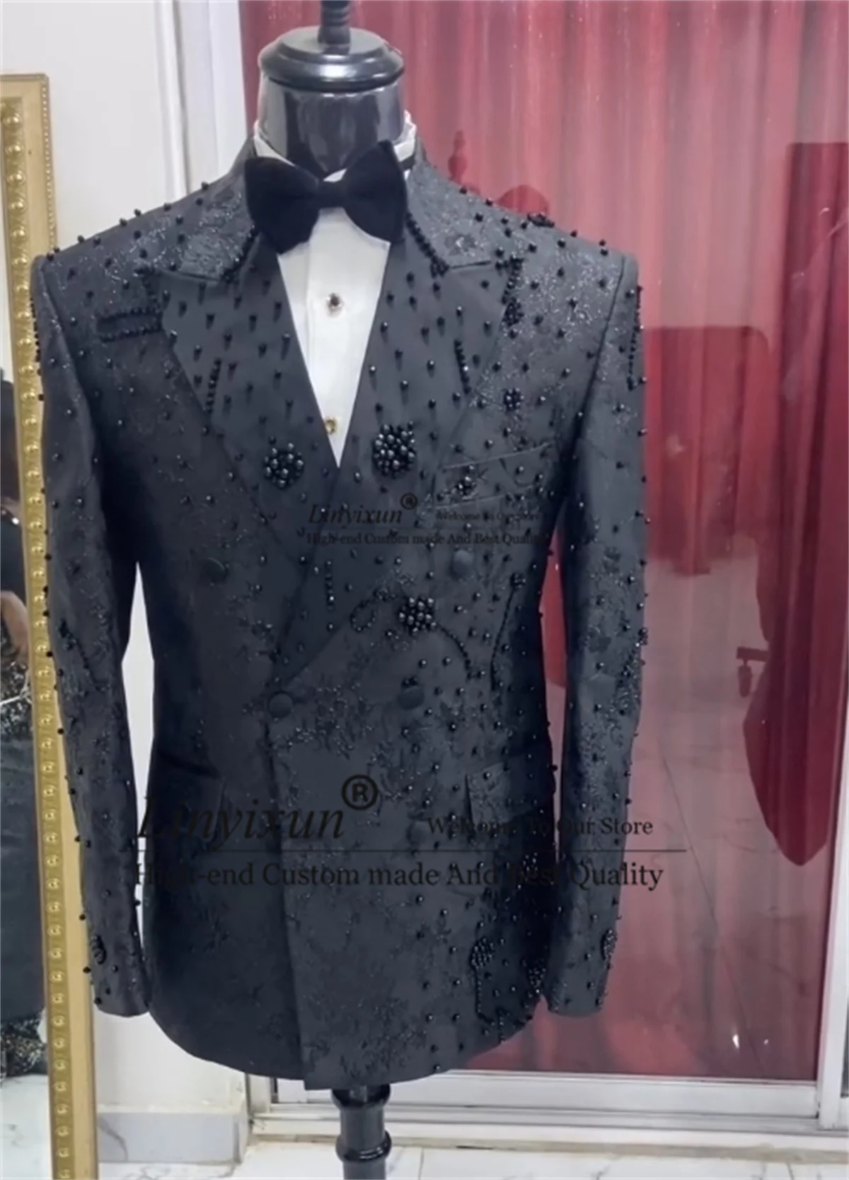 Stunning Beaded Crystals Men Suits Customized Male Prom Blazers Jacquard Wedding Groom Costume Homme 2 Pieces Set Groom Tuxedos