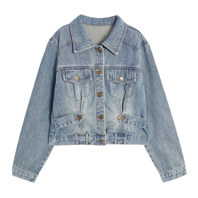 

Women Denim Coat Short Jackets Outerwear Single Breasted Turn Down Collar Pockets Distressed Washed Streetwear 2025 Autumn