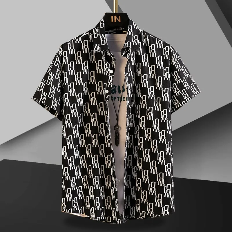 Luxury Letter Print Shirts for Men 2024 Summer Short Sleeve Slim Casual Lapel Shirt Social Casual Nightclub Streetwear Tops