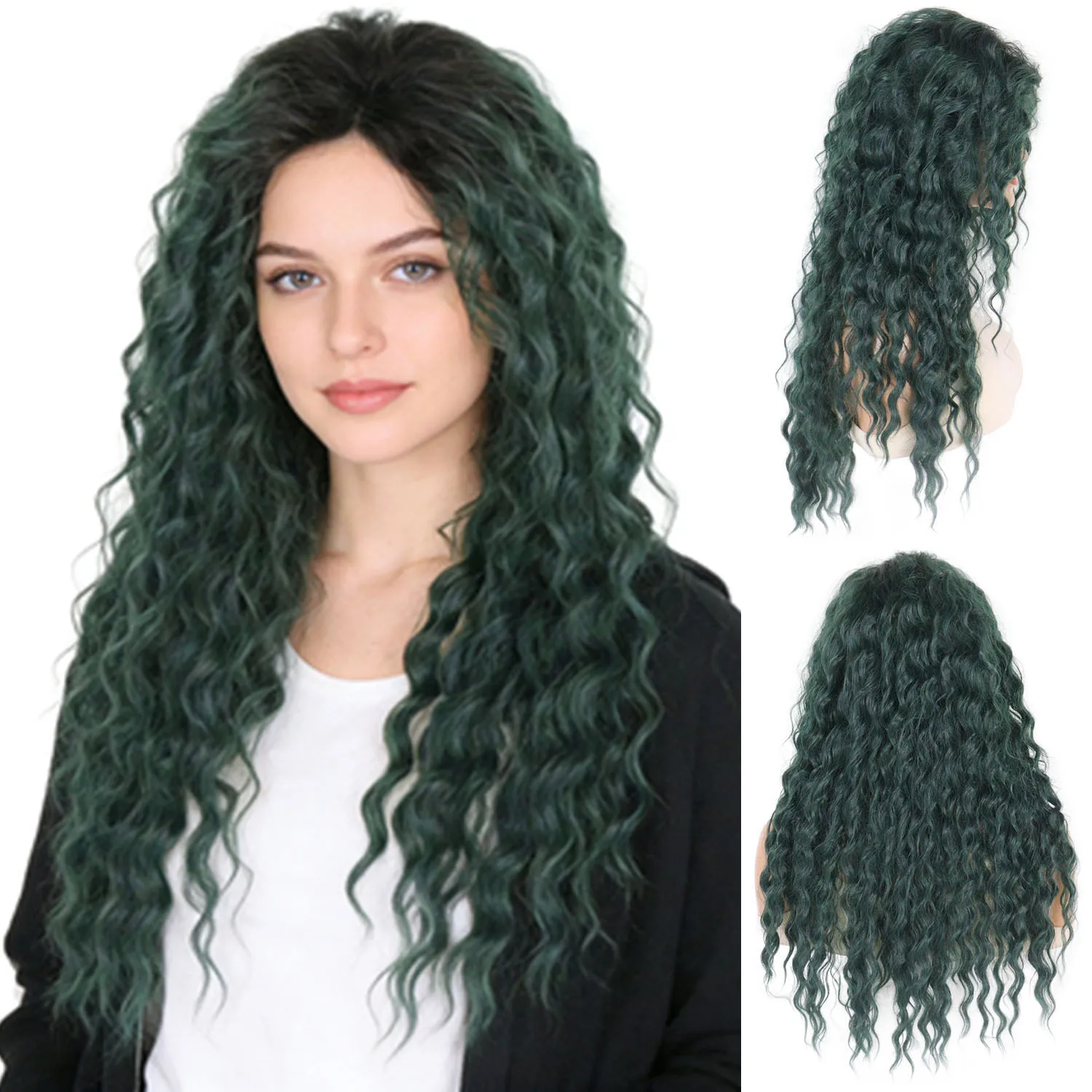 Synthetic Hair Dark Green Long Curly Wigs for Women Water Wave Cyan Wig Cosplay Halloween Christmas Natural Looking Drag Queen