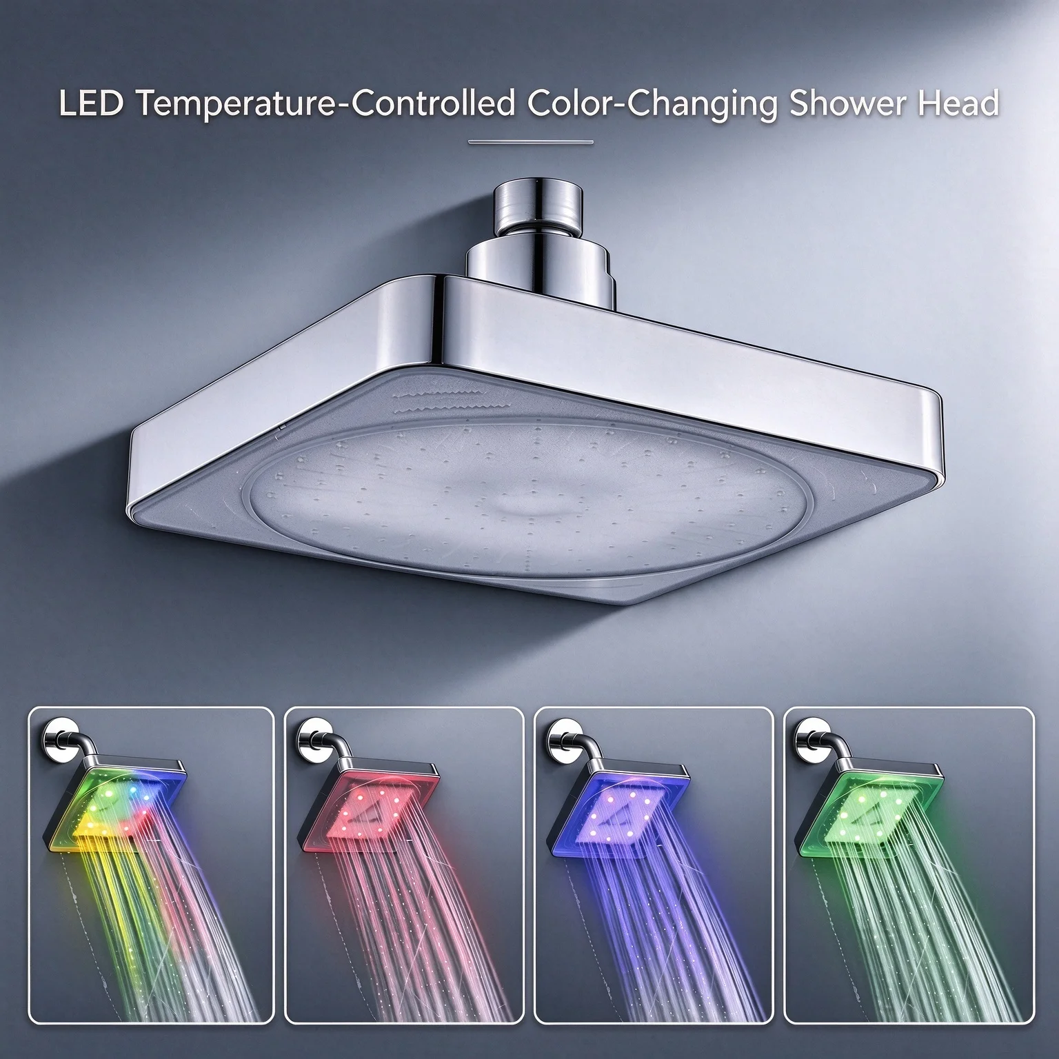 LED 3 Color Rotatable Temperature Sensitive Color Changing Square Overhead Shower 7 Color Rain Shower Head For Home Bathroom Use