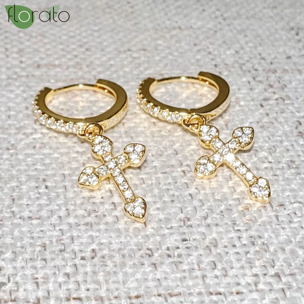 925 Sterling Silver Needle Fashion Cross Pendant Hoop Earrings for Women Vintage Gold Color Small Earrings Luxury Jewelry Gifts