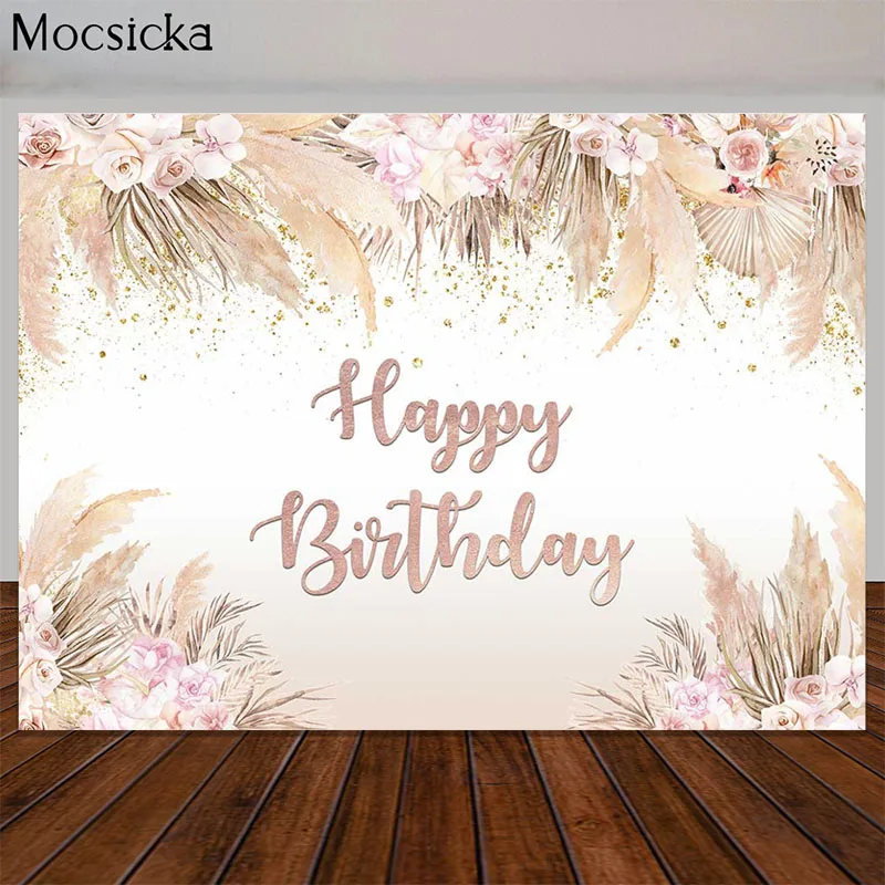 Watercolor Boho Birthday Backdrop Party Decorations Pink Flowers Bohemia Photography Background Cake Table Banner Photo Props