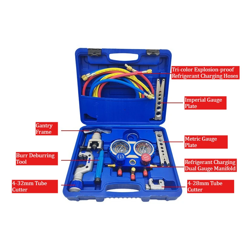 All Copper Dual Core Refrigerant Gauge Set with Cutter Flaring Tool Car Air Conditioning AC Freon Charging Hose Kit