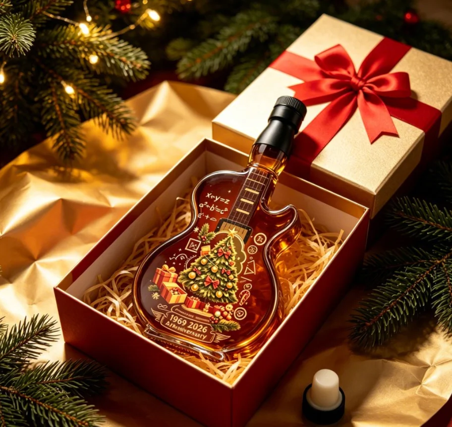 Novelty Christmas Guitar Style Glass Liquor Decanter Festive Wine Bottle for Whiskey Bourbon Scotch Xmas Present for Men Home