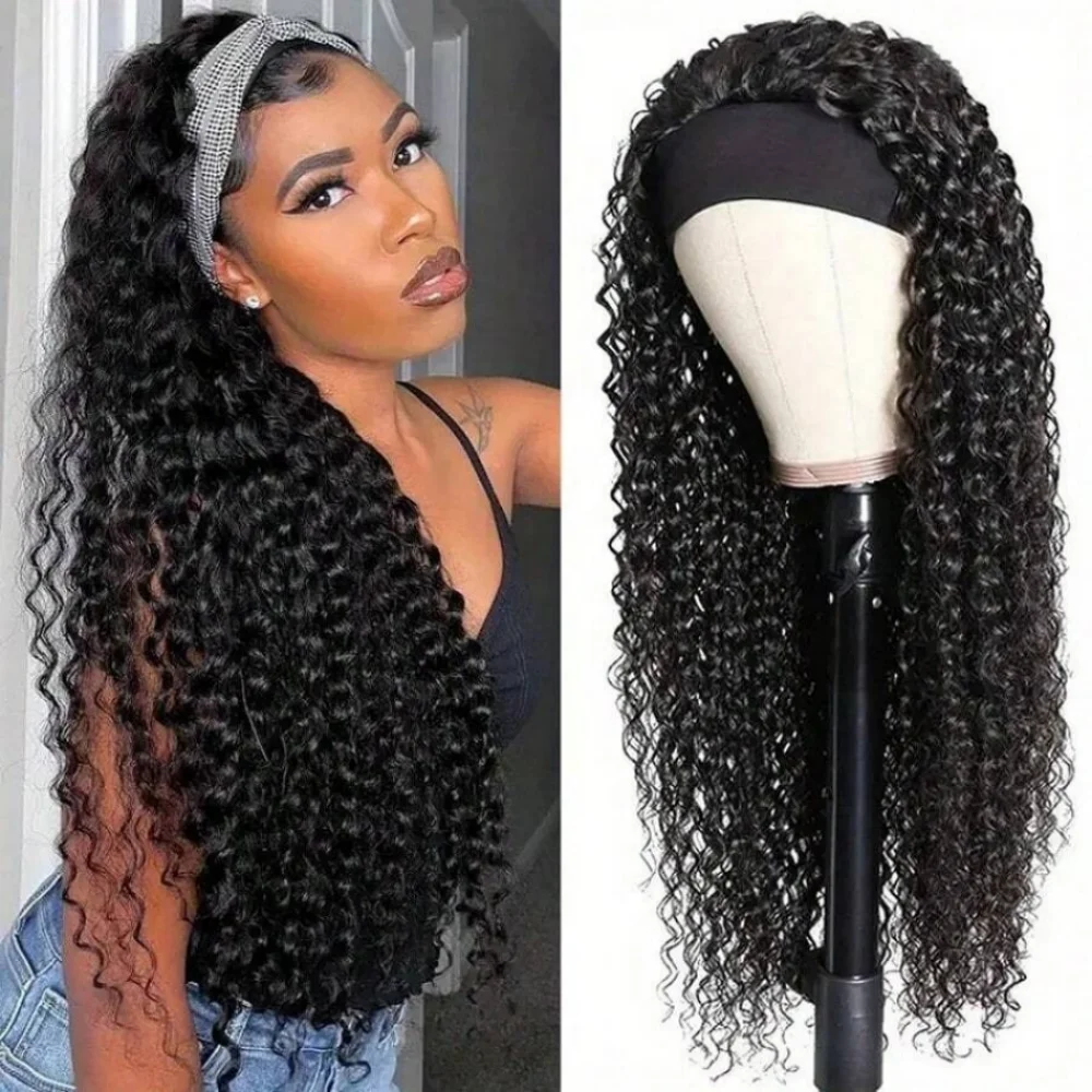 Headband Wig Human Hair Deep Wave Curly  For Women 3In1 Half Head Wigs Brazilian Wear Go Wigs Machine Made Drawstring Natural Black Color Wigs