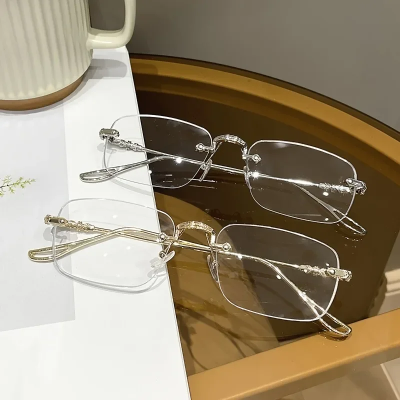 Elegante randlose rechteckige Damenbrille mit blau lichtblockierendem Metallrahmen – Detail 2