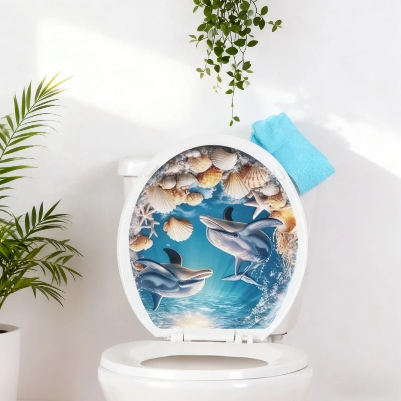 Underwater Mermaid Toilet Sticker with Dolphin Starfish Coral Shell Design Self Adhesive Waterproof Bathroom Wall Decor