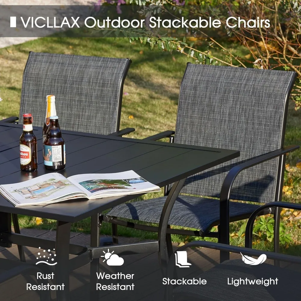 5 Pieces Patio Dining Set, Outdoor Furniture Set Includes 1 Square Outdoor Table and 4 Stackable Patio Sling Chairs, Black Tabl