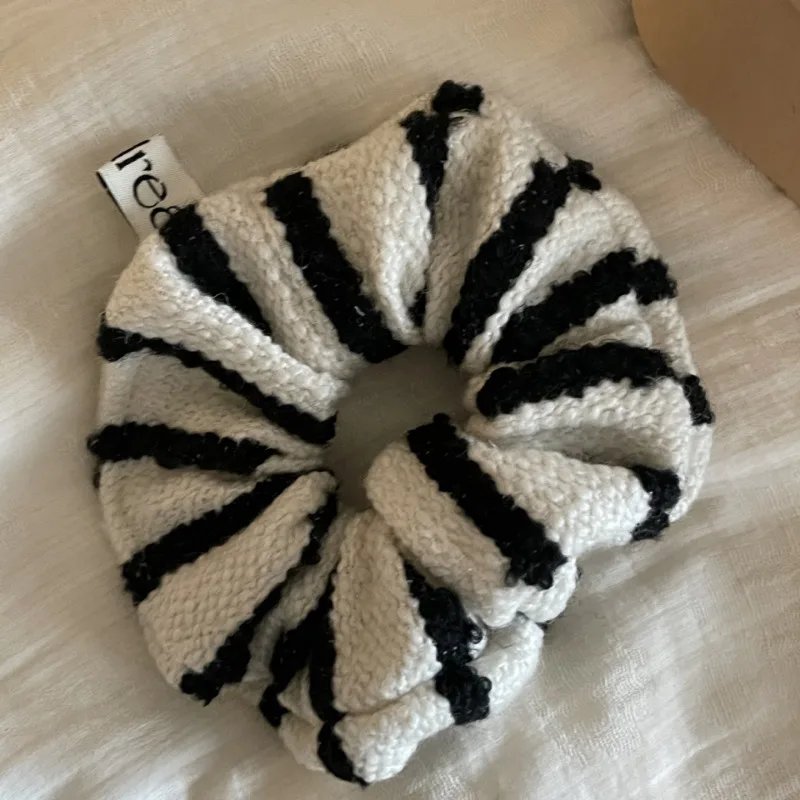 Homemade Black and White Striped Large Intestine Hair Ring Korean Fabric Knitted Hair Accessories All-Matching Hair Rope