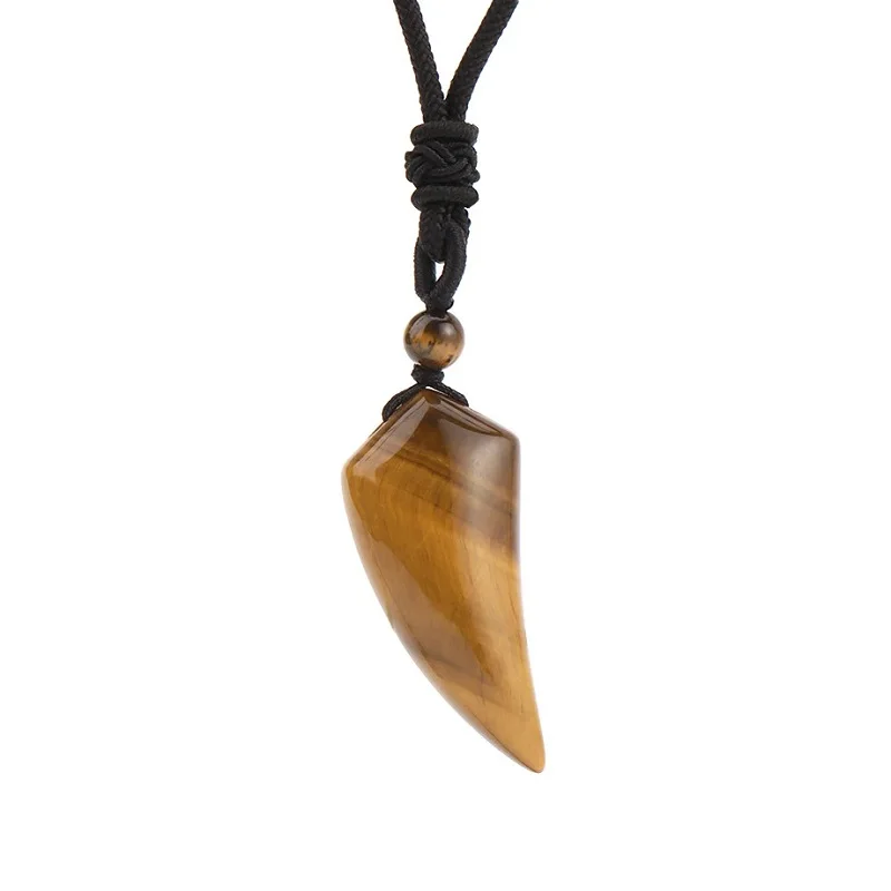 Men's Natural Stone Wolf Shark Tooth Pendant Necklace with Amethyst Tiger Eye Crystal Black Obsidian Labradorite for Halloween