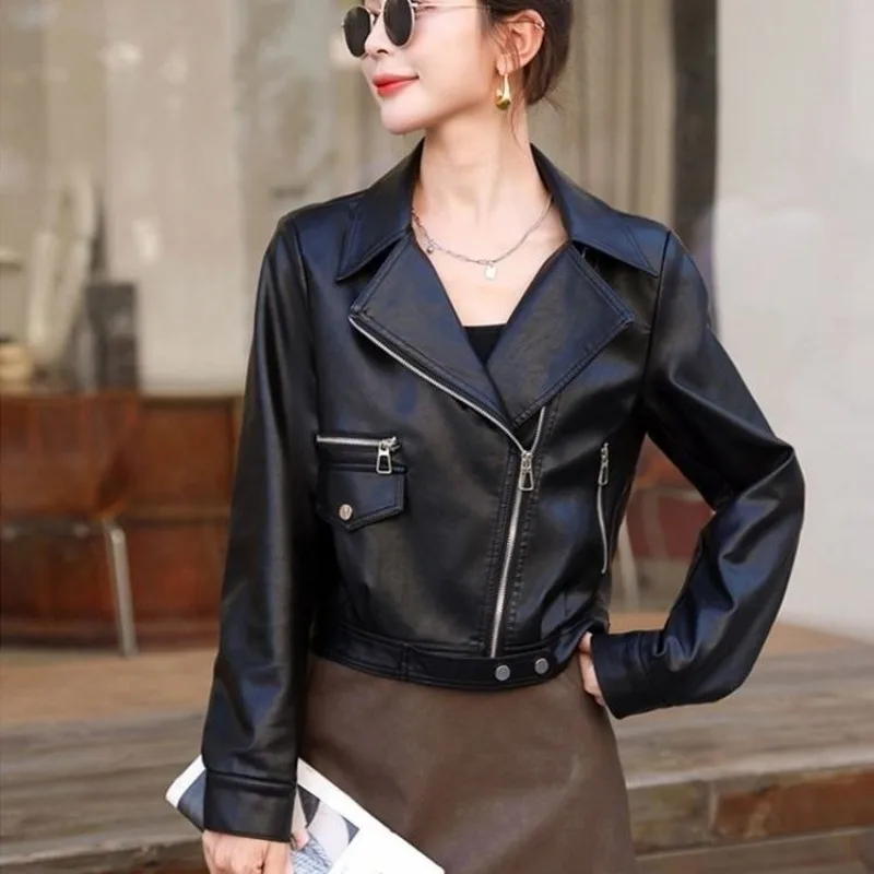 

2025 Women Spring Fall Fashion Black PU Leather Jacket Lady Cool Zipper Slim Short Coats Streetwear Outwear Female