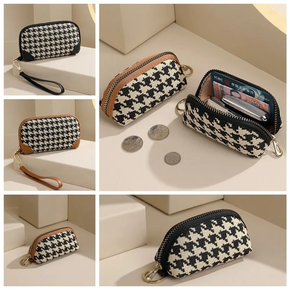 Fashion Pu Leather Long Style Wallet Canvas Car Key Bag Houndstooth Zipper Purse Handbag Card Holder Square Change Purse Travel