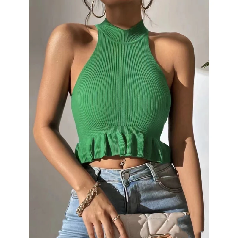 

Ruffled Mock Neck Knit Tops Flounced Sleeveless Ribbed Knit Tanks and Camis Women Crop Tops for Women 2024 Summer Y2K Outfit