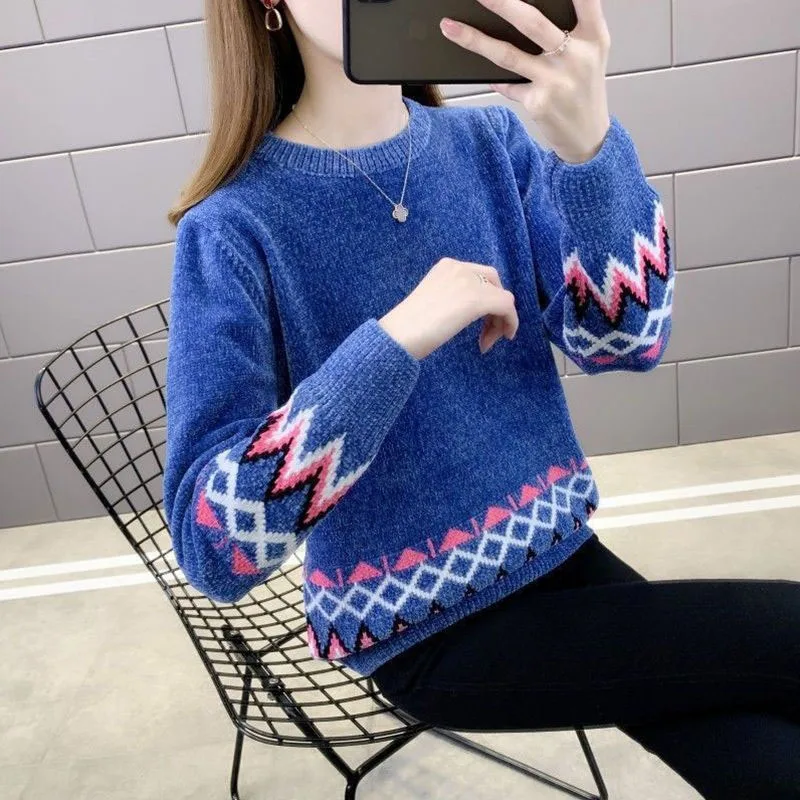 New Autumn/Winter Fashion Trend Thread Jacquard Round Neck Plush Loose Versatile Commuter Women\'s Knitted Long Sleeve Sweater