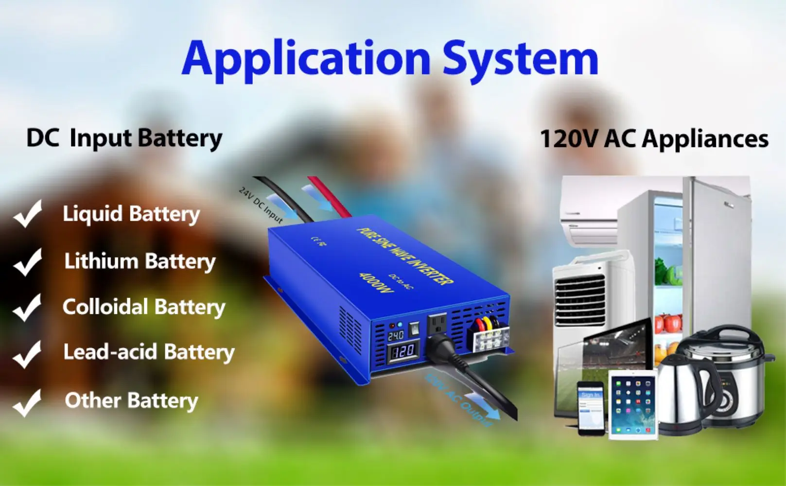 4000W Full Power Pure Sine Wave Solar Inverter Lithium Battery 12V/24V/36V/48/72/96V DC to 110V/120V/220V/230V/240V AC Converter