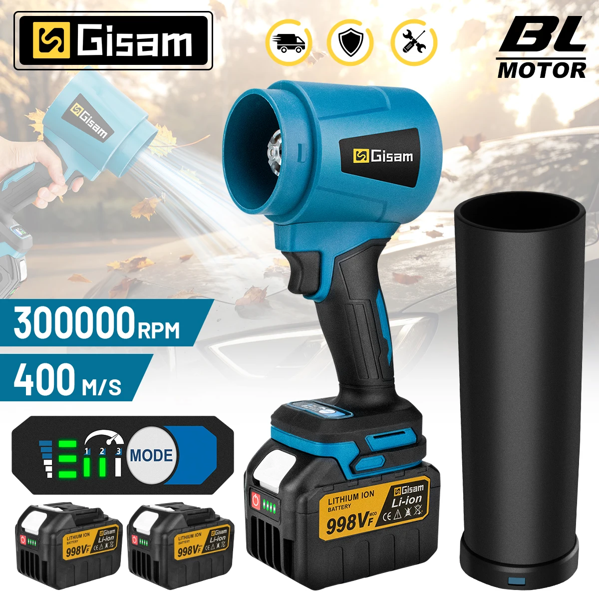Image of Gisam 400M/S Bürstenloser Elektrischer Turbo-Gebläseventilator 300.000 U/min Kabelloser Luftbläser Handgehaltener Laubbläser Staubbläser Garten-Schneereiniger Elektrowerkzeug für Makita 18V Akku