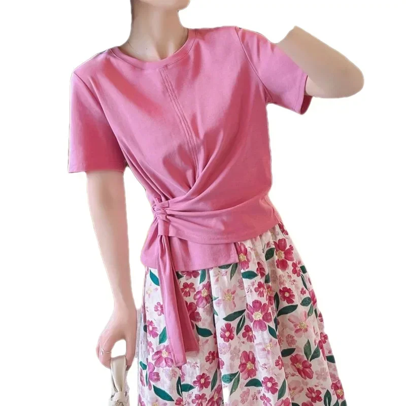 Elegant Flower Print Patchwork Pleated Skirts Spring Summer 2023 New Leisure Contrast Color High Waist Loose Skirt