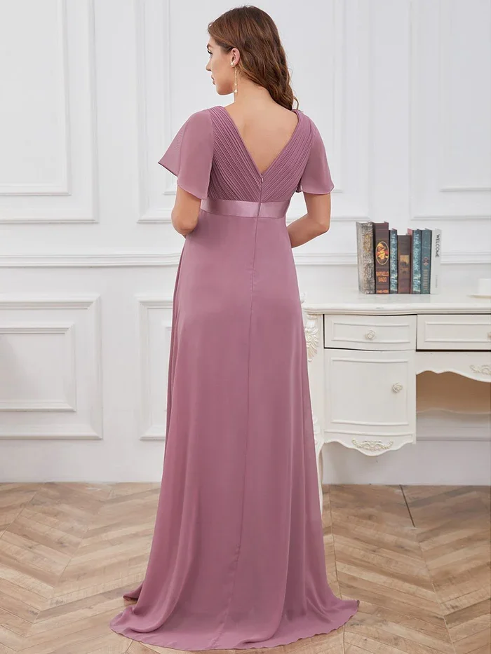 Flowy Cute And Adorable Deep V-Neck Dress For Pregnant Women, Ruched Bodice Chiffon Floor-Length Maternity Dress With Sleeves