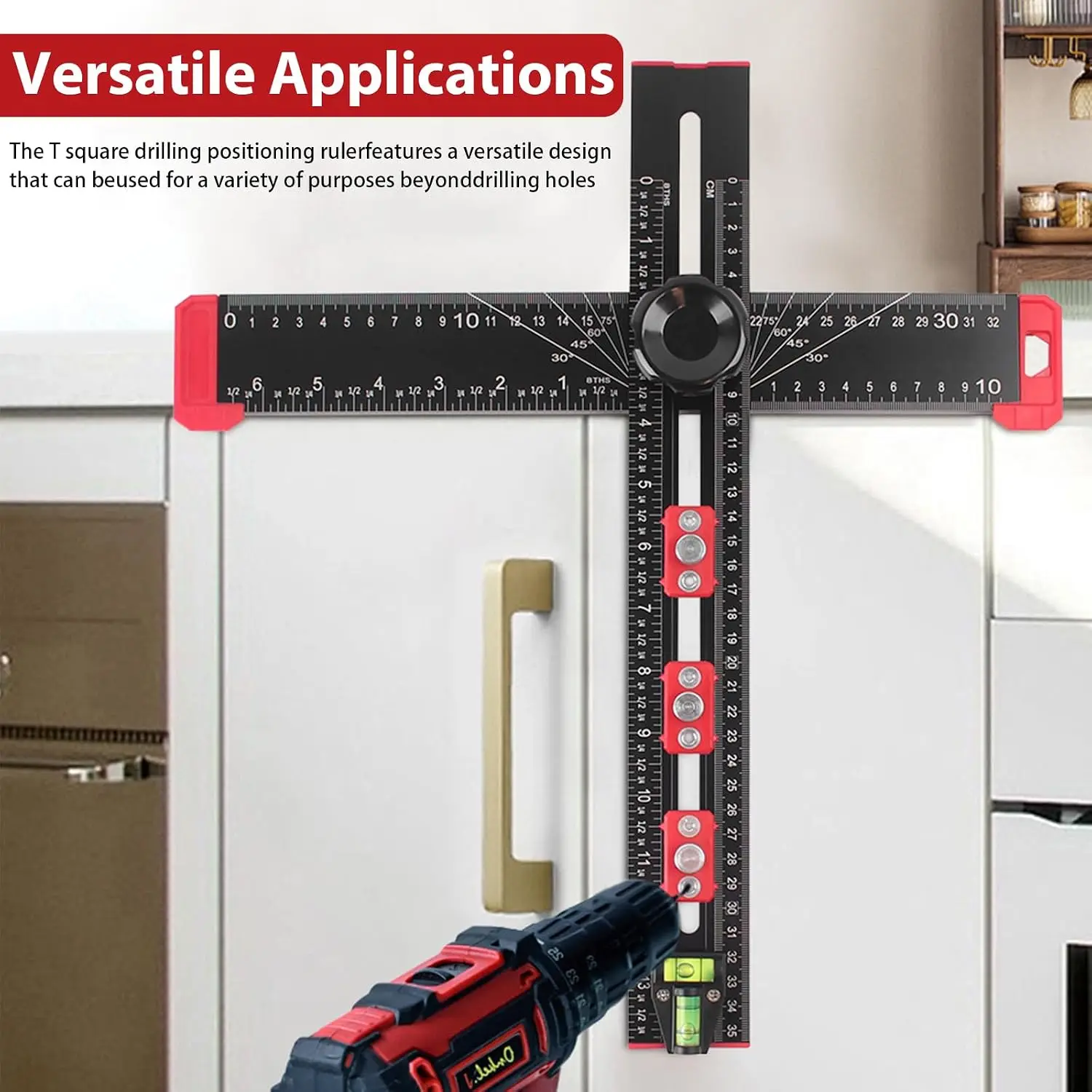Adjustable 2-in-1 Drilling Drywall Positioning Square Ruler, Aluminum Alloy Cabinet Hardware Jig Door Hole Drilling Template