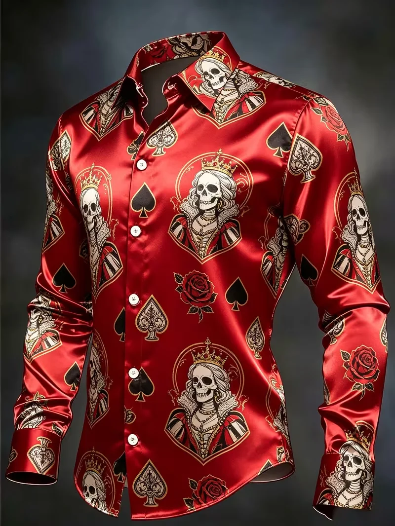 Fashionable Men's Shirt Gothic Skull Crown Queen Poker Black Spades Red Rose Pattern Long Sleeved Slim Fit Club Shirt