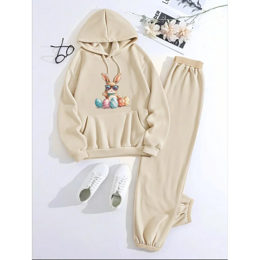 Mia Muse  Women's Sets Fashion Plain Hoiliday Easter Rabbit Pattern Print Long Sleeve Hoodie Natural Waist Pant Casual Sets