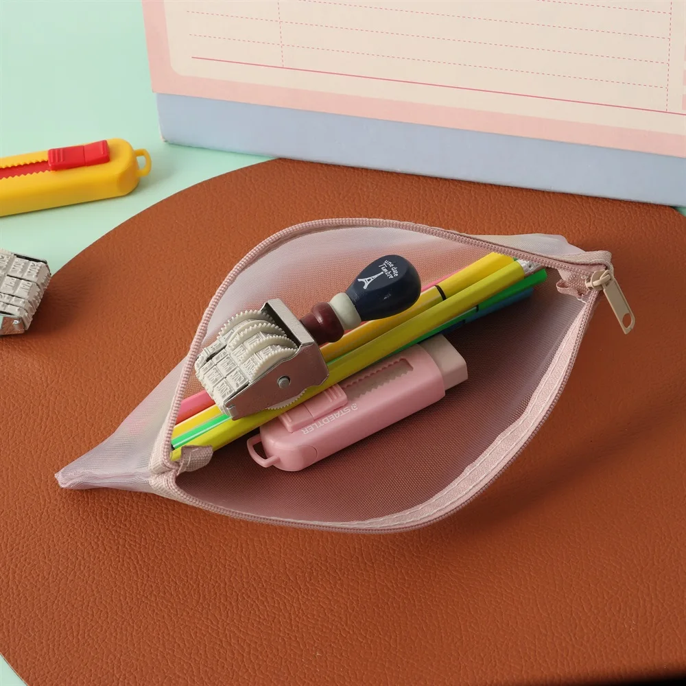 New Transparent Pen Bag Nylon Mesh Square Shape Pencil Case Large Capacity Zipper Closure Storage Pouch Outdoor Travel Carry