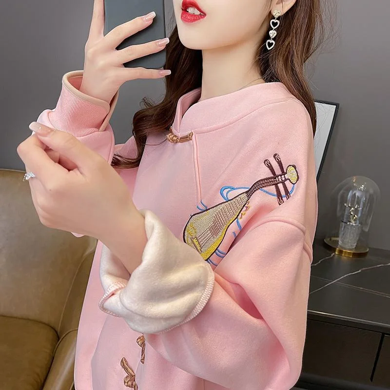 Y2K Spring Autumn Chinoiserie Hoodie 2024 New Loose Stand-Up Collar Women's Clothes Blouse Fashion Coil Buckle Female Fleece Top