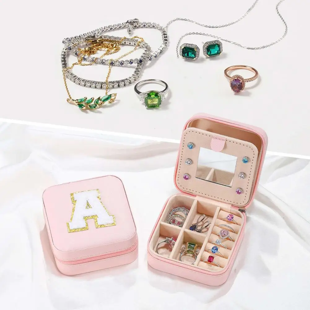 A-Z Letter Jewelry Storage Box With Mirror Large Capacity Multiple Compartments Small Jewelry Box Earrings Rings Organizer