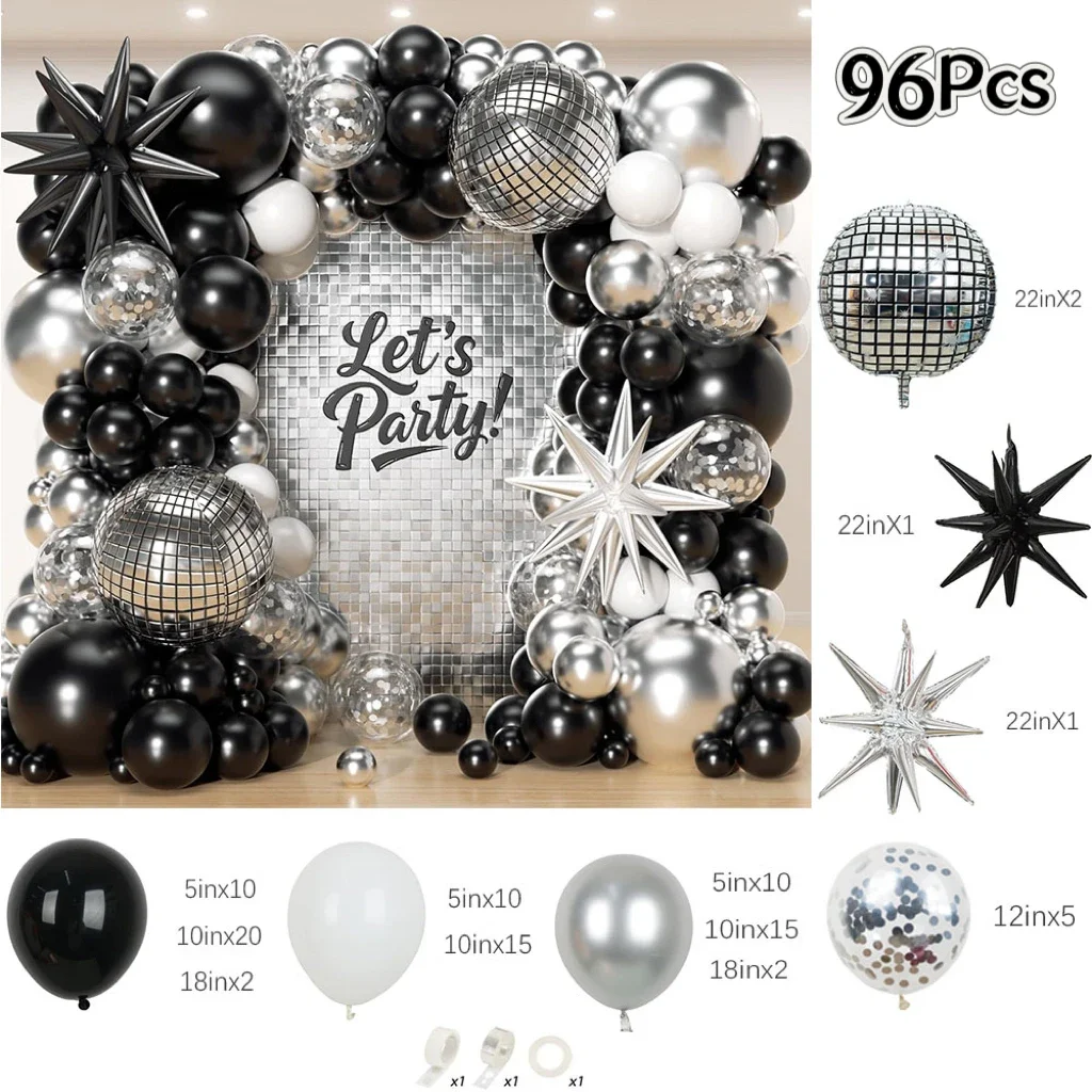 96-teiliges Starburst-Ballons-Girlanden-Set in Schwarz, Weiß und Silber für Hochzeit, Geburtstag, Abschlussfeier, Party-Hintergrund-Dekoration – Detail 2
