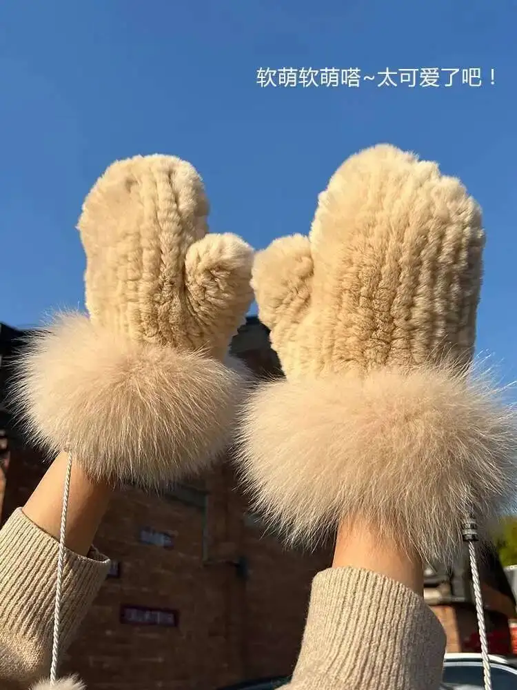 Real Rex Rabbit Fur Gloves For Women Winter Plush Thickened Warm Real Fur Gloves Handmade Knitted Fur Gloves Keep Warm Mittens