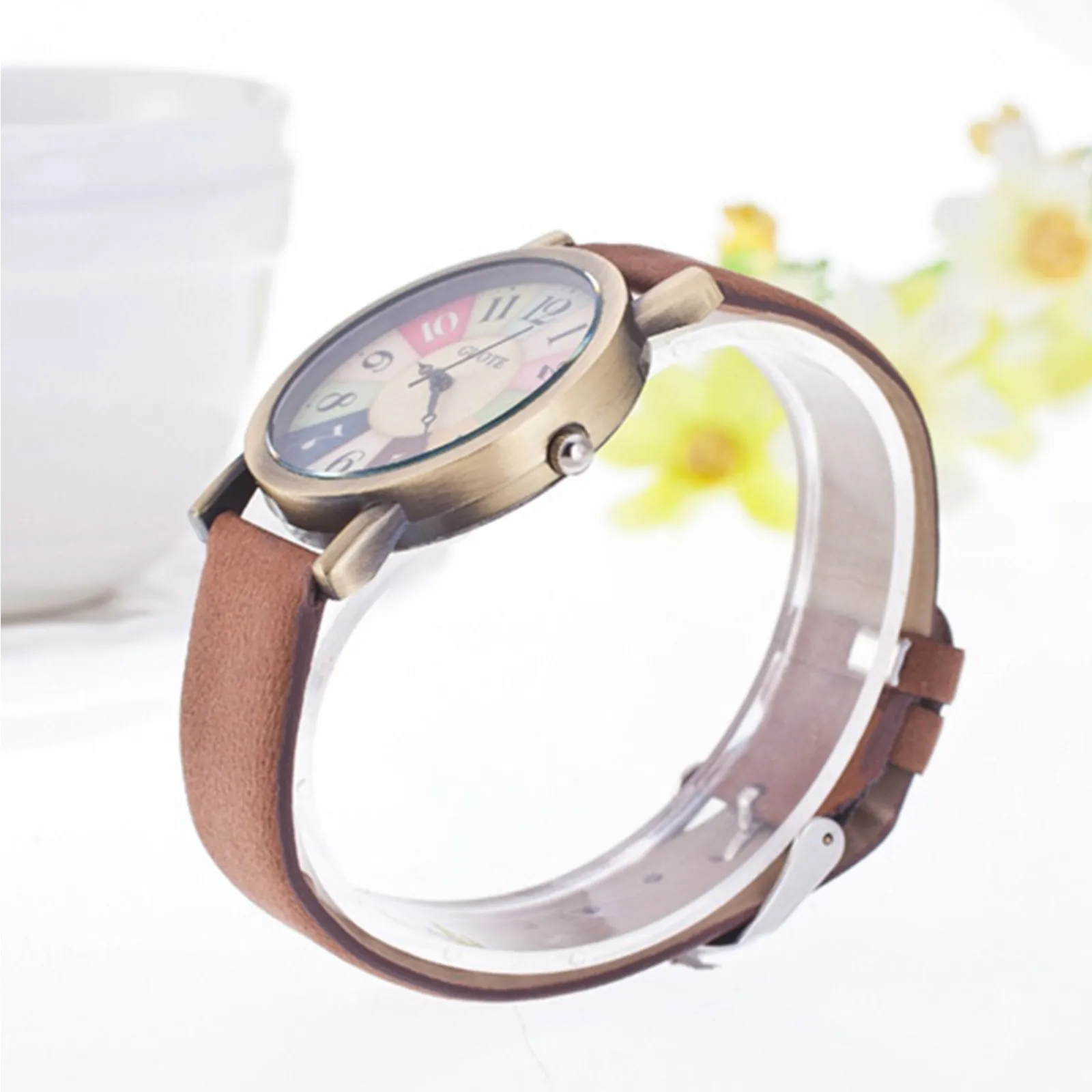 Women'S Quartz Watch Rainbow Color Digital Clock Wood Grain Turntable Top New Famous Retro Casual Leather Strap Student Gift