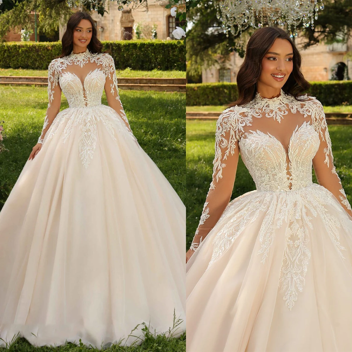 

Luxury Wedding Dresses Sexy Long Sleeves Appliques Lace Ball Gown Bridal Gowns Custom Made Button Back Sweep Train Robes