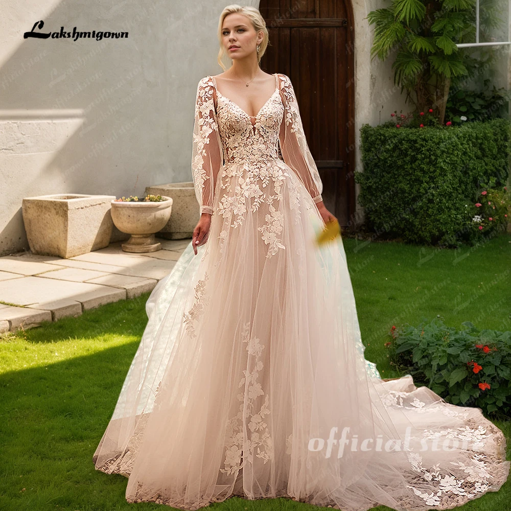 Lakshmigown Brautkleid mit V-Ausschnitt, aus Tüll, mit abnehmbaren Ärmeln, Spitze, rückenfreiem Design, elegant, A-Linien-Schnitt, nach Maß gefertigt. – Detail 5