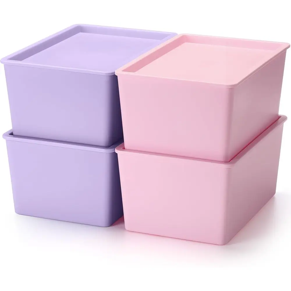 

4 Pcs Storage Bins with Lids Plastic Stackable Containers for Organizing Shelves Christmas Ornament Box Baskets(Pink, Purple,Lar