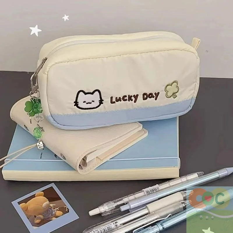 

Симпатичная сумка для хранения школьных принадлежностей, мультяшный котенок, дизайн четырехлистного клевера; большой пенал на молнии для студентов