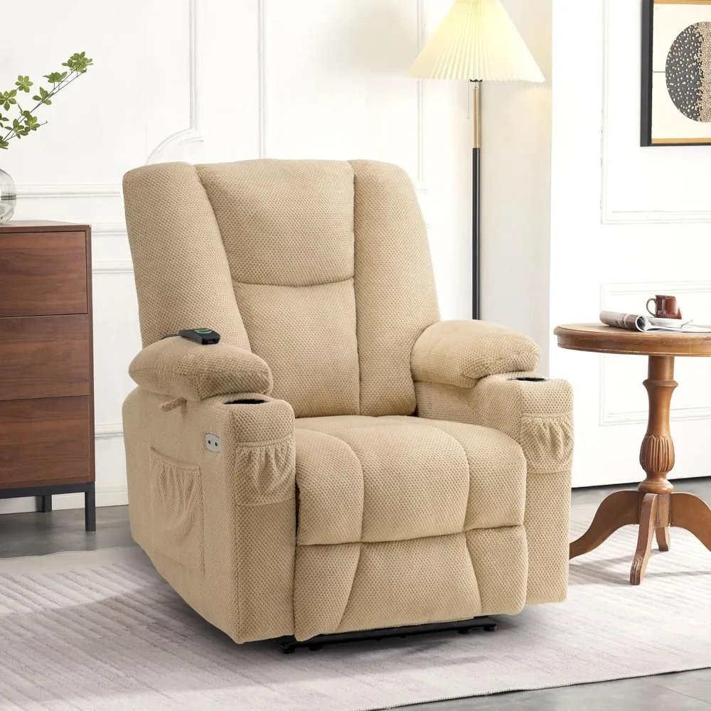 Fabric Electric Power Recliner Chair with Heat and Massage, Cup Holders, USB Charge Ports, Extended Footrest