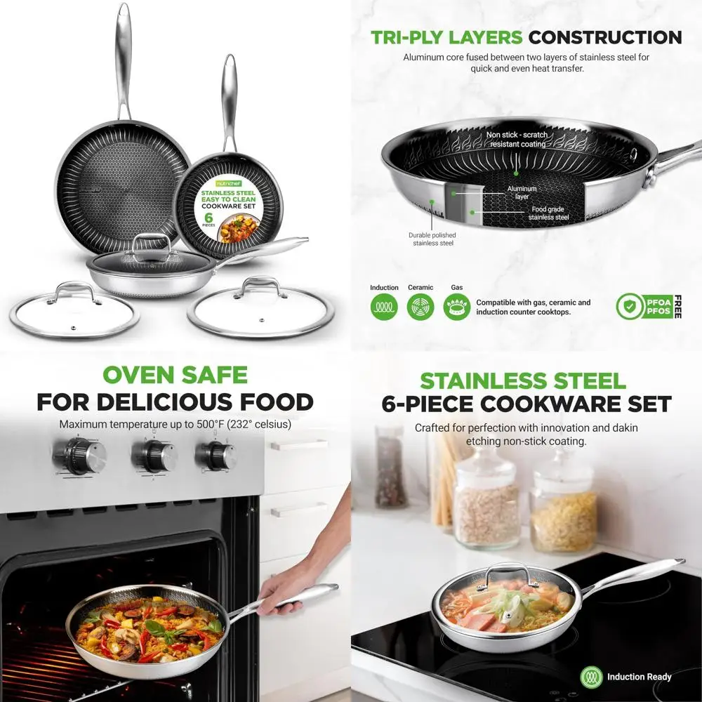 

nutrichef 6-piece tri-ply stainless steel frying pan set – 8", 10", 12" non-stick skillets with lids, induction compatible, oven