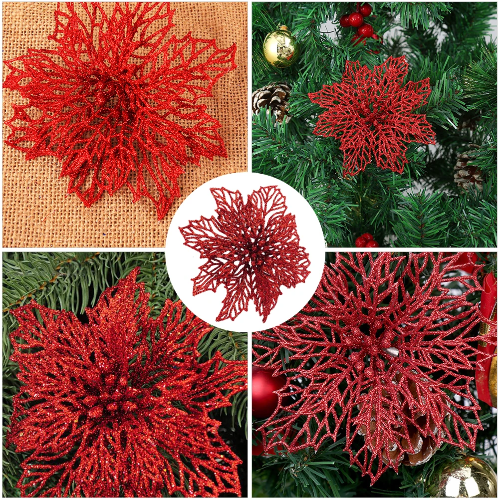 

12 Pcs Christmas Flower naments Decorative Artificial Flowers Accessories Xmas Golden Glitter Creative Unique Pendants Tree Wall