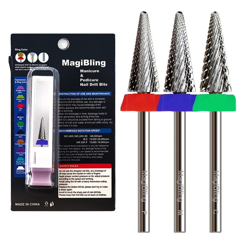 MagiBling Cross Cut Tapered Nib Nail Drill Bits Tungsten Left and Right Handed Cuticle Hard Gel Removal Professional Bits 3/32