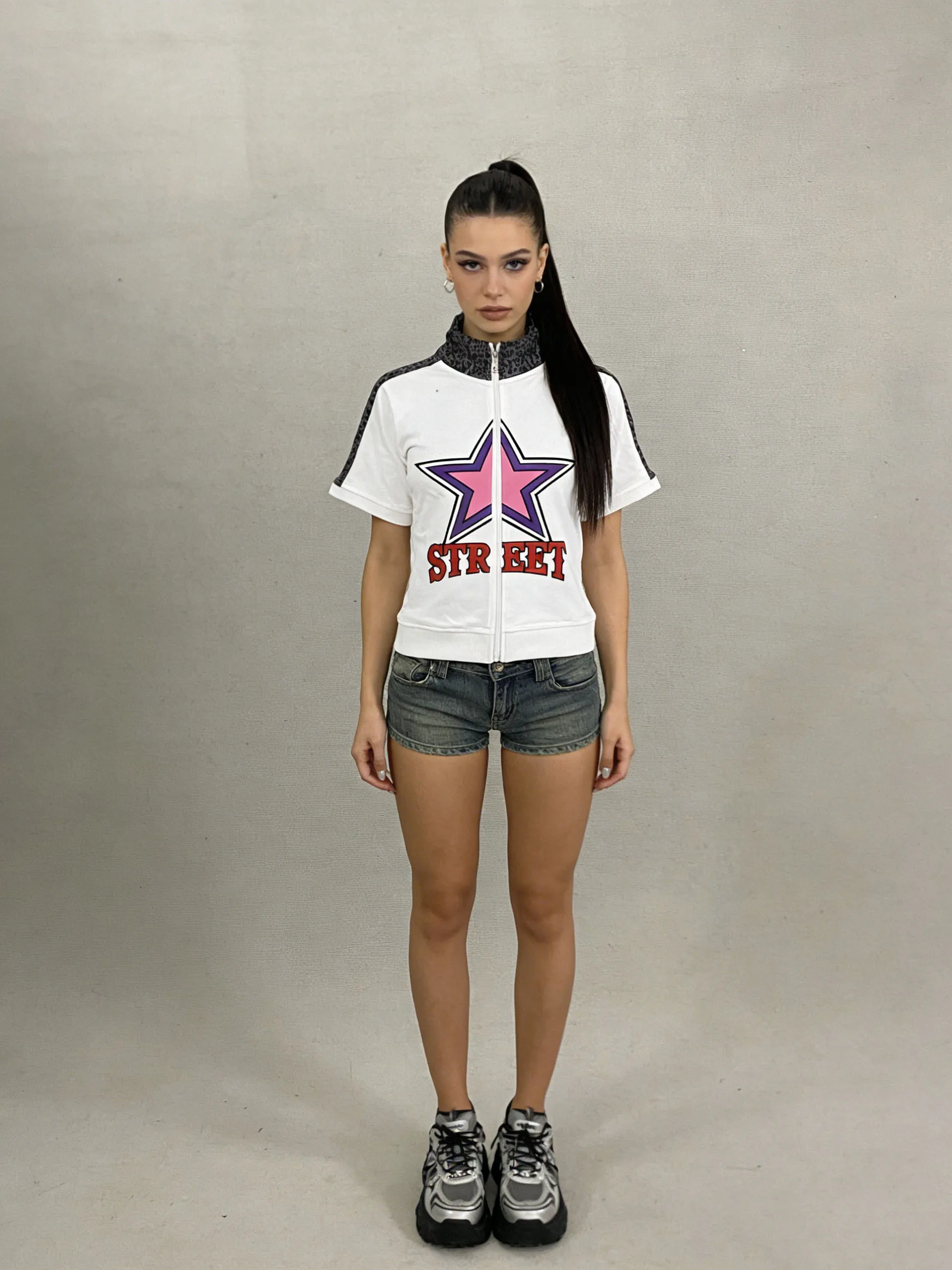 Camisola feminina branca Zip-Up Crop-Star Print Leopard Trim Manga Curta Streetwear Outono Casual American Retro Top