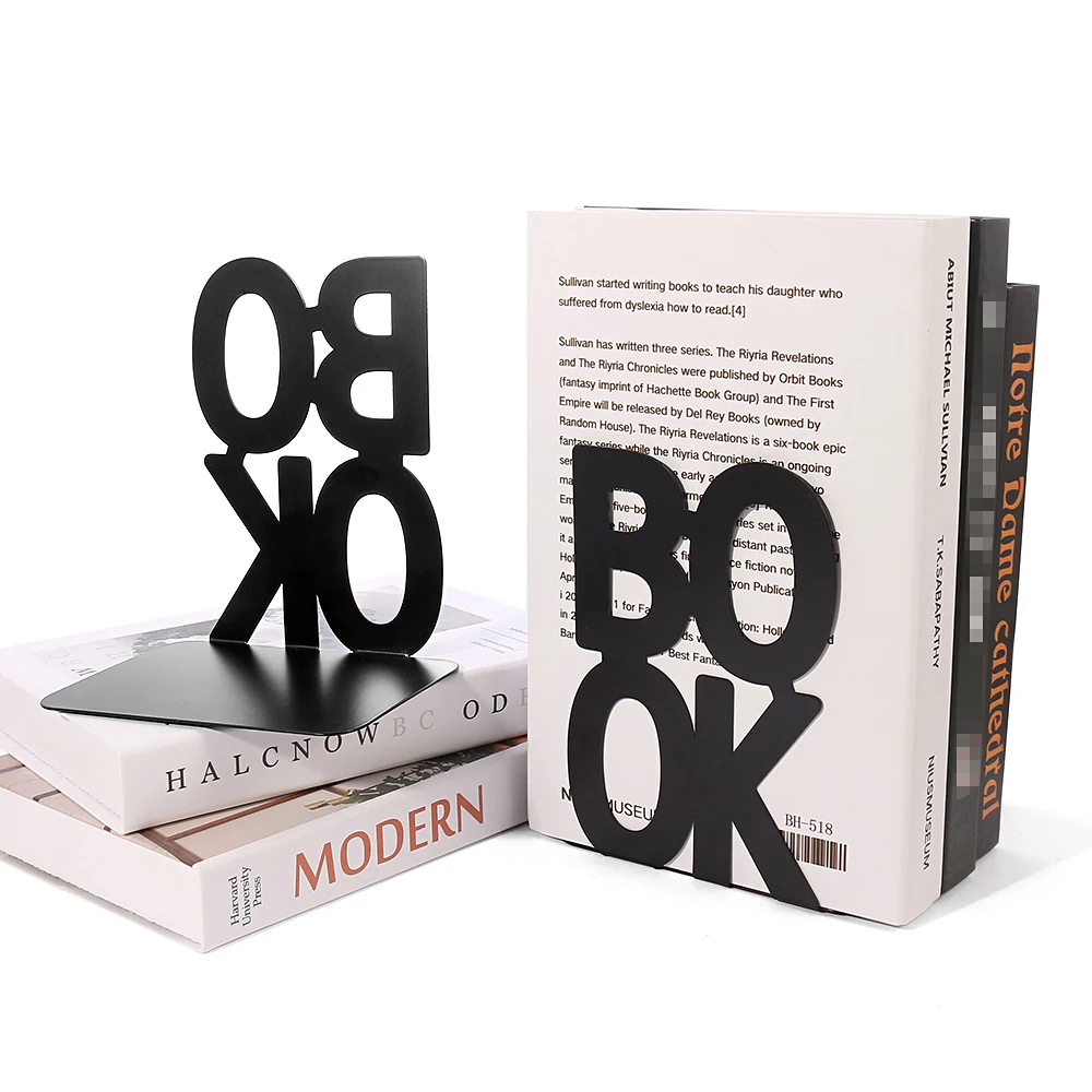 Ceative Hollow-out BOOK Letters Bookend Set of 2 Metal Book Stand Classic Magazine Book Organizer Holder for Home Office