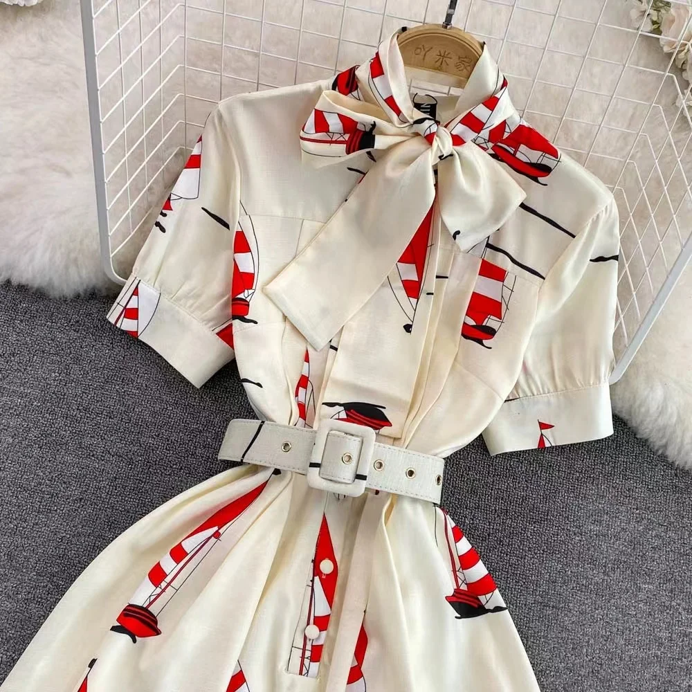 Fashion Light Luxury Stand Collar Bow Wrapped Waist Print A-Line Dress Women's Summer Casual Elegant Large Swing Long Dress