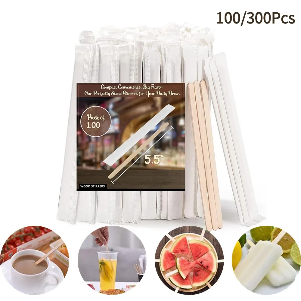 Punana 100/300PCS Wooden Coffee Stirrers Individually Wrapped Wooden Beverage Mixer Coffee Stir Sticks Round Disposable Stick